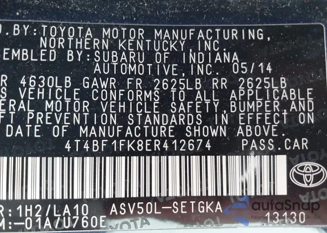 2014 Toyota Camry Xle z USA, uszkodzony, nr VIN 4T4BF1FK8ER412674